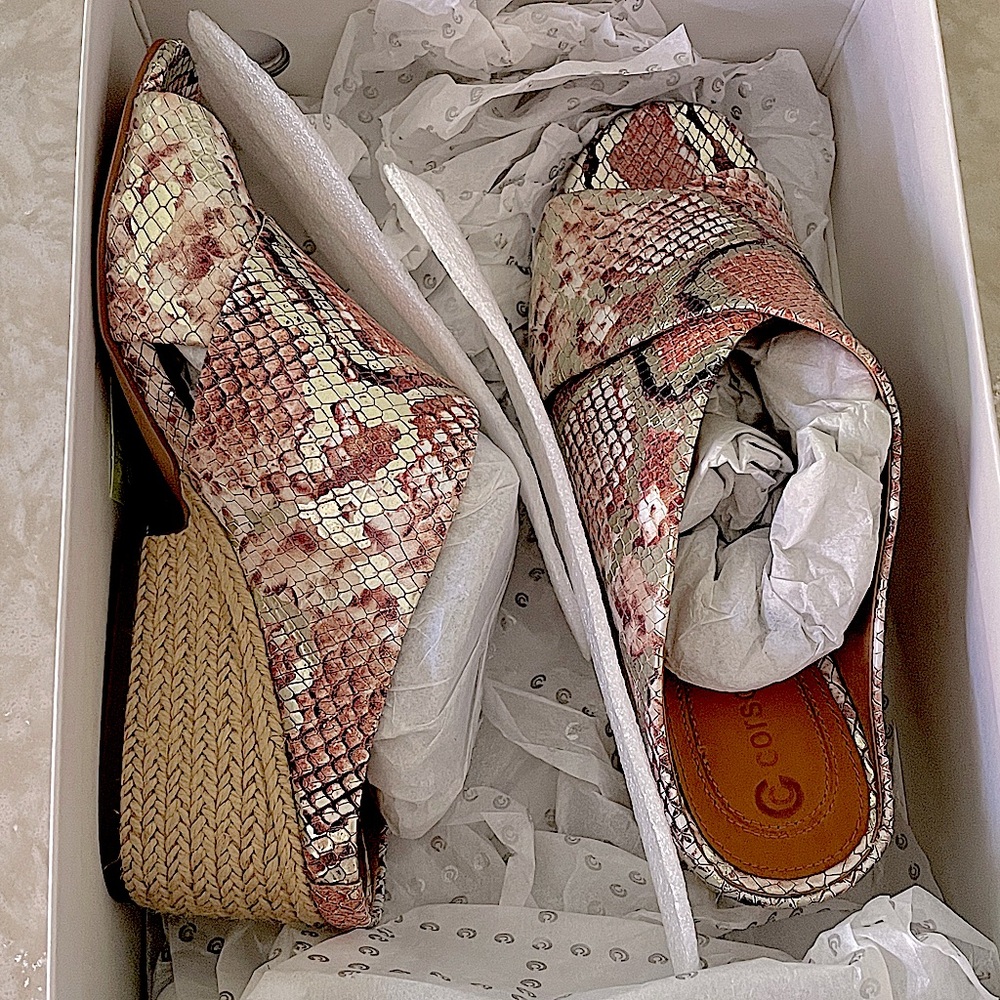 NWT corso como leather platinum pink snake slip on mules espadrille heel 6.5 - Picture 16 of 16